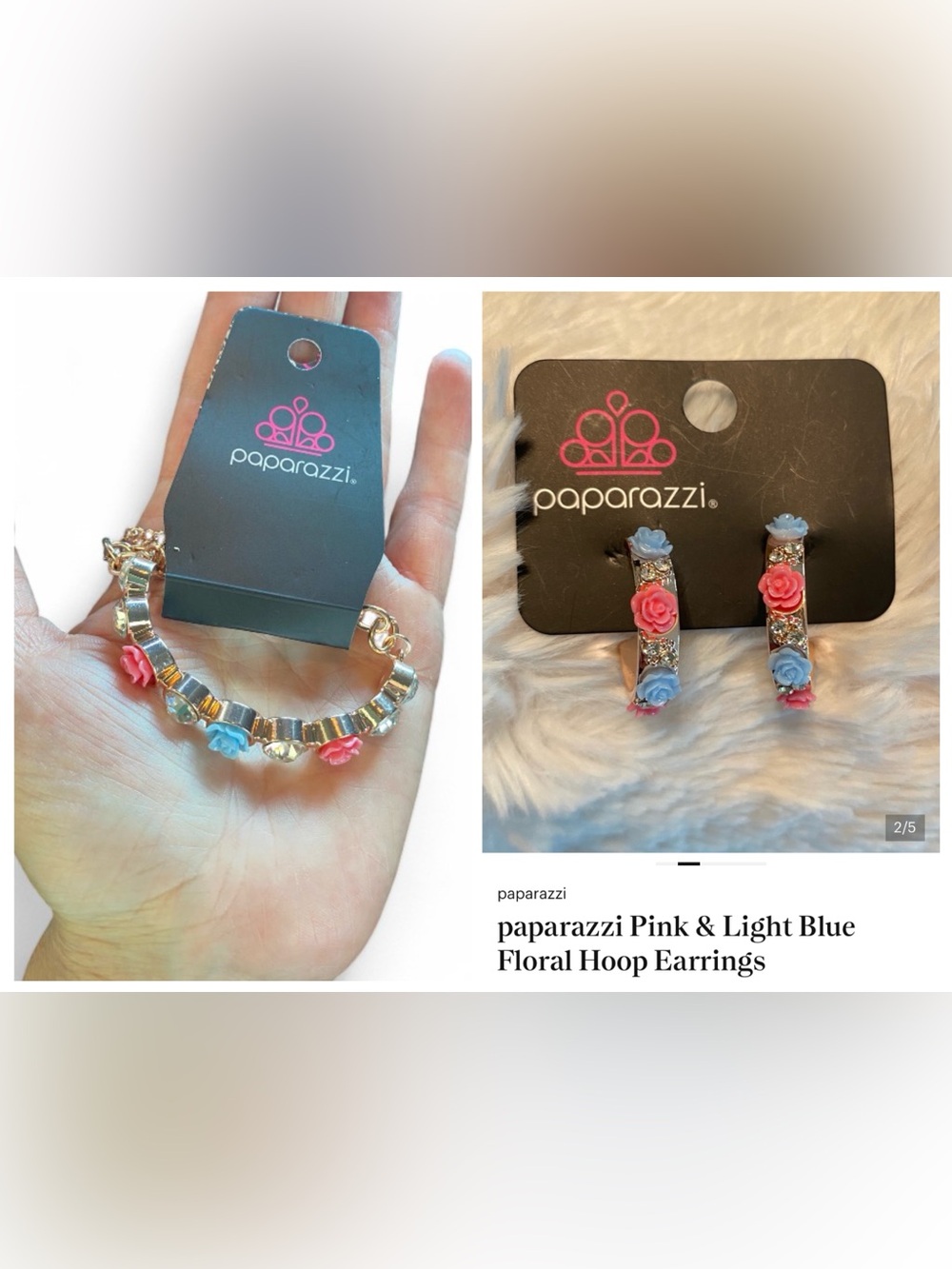 paparazzi Pink & Light Blue Floral Hoop Earrings and Bracelet Set